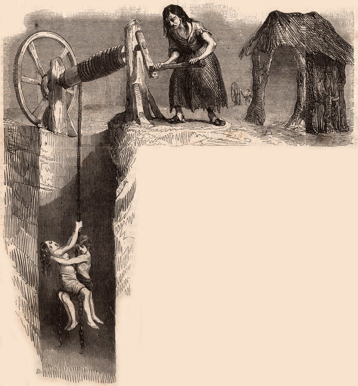 Två utmattade barn hämtade från en engelsk kolgruva av en kvinna med vinsch (gravyr) av Unknown artist