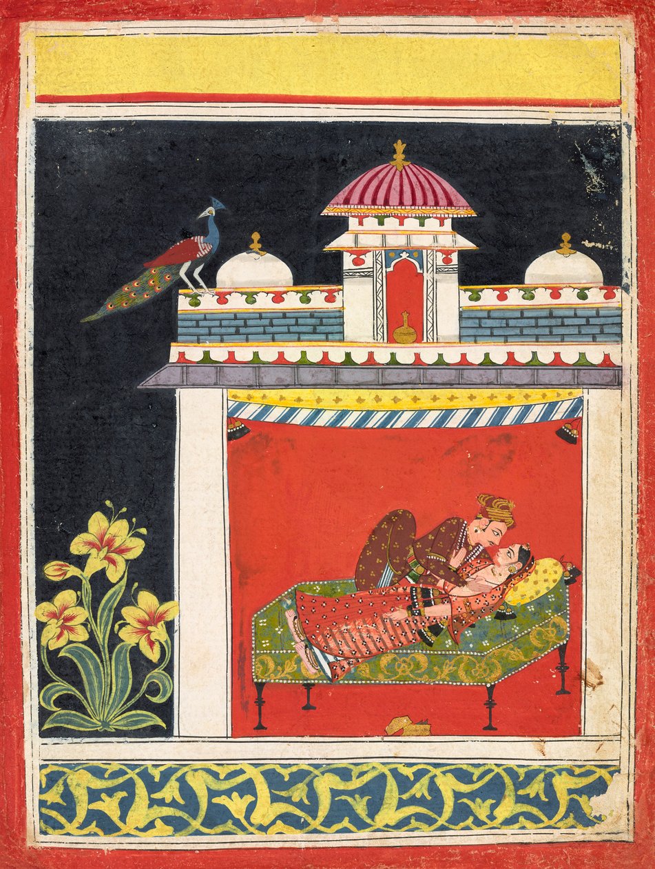 Två älskare i en paviljong, från en <em>Amarushataka</em> (Hundra dikter av Amaru), eller en oidentifierad erotisk serie av Unknown artist