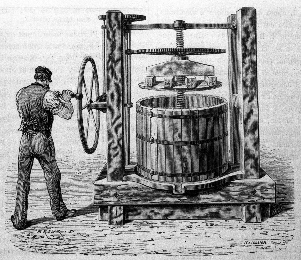 Användning av pressen för att få fram druvrester i Medoc och Cognac. Gravyr från slutet av 1800-talet av Unknown artist