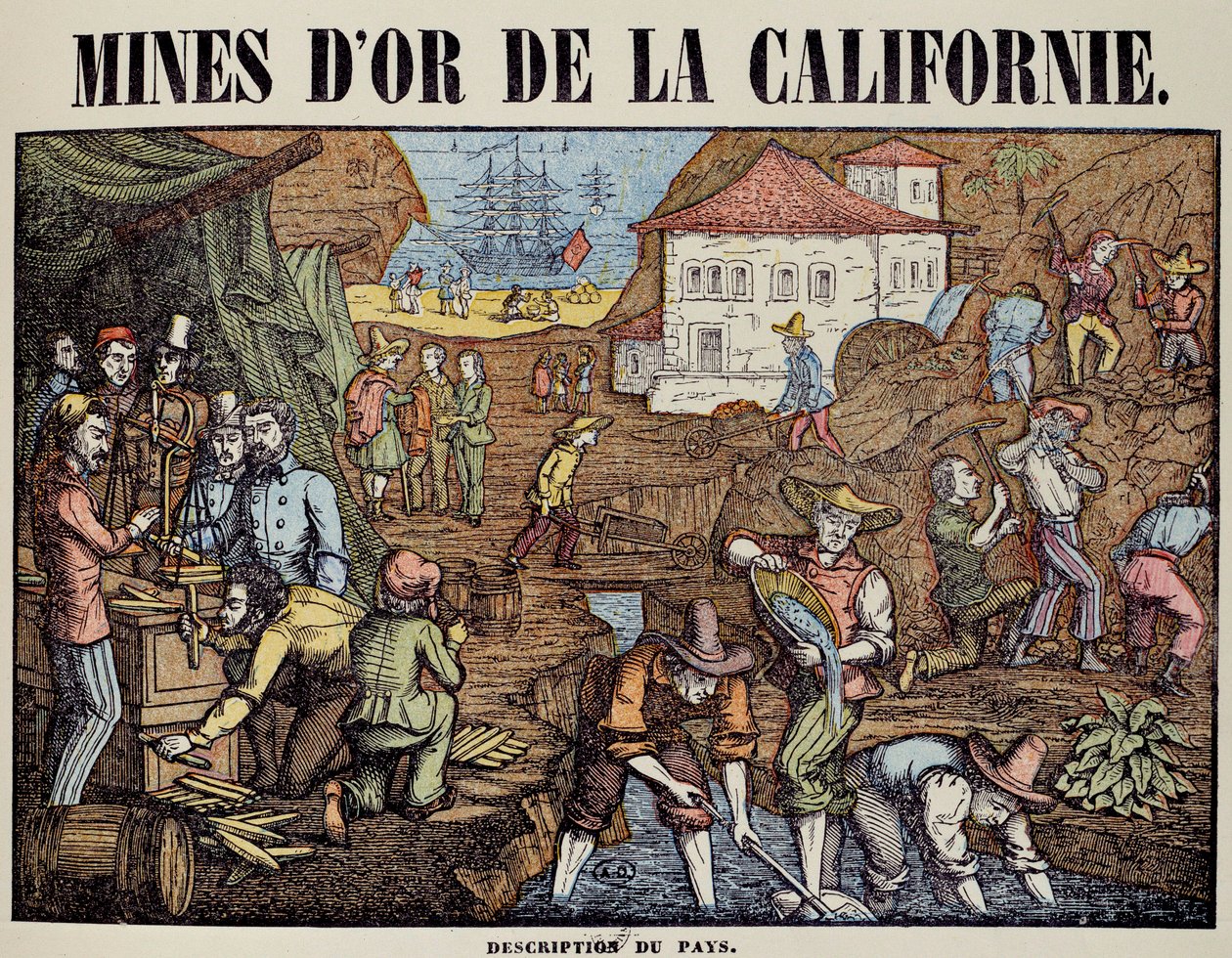 Olika aktiviteter i en guldgruva i Kalifornien: leta efter pepiter, väga, köpa, lämna varorna. Gravyr av 1800-talet. Paris, dekorativ konst av Unknown artist