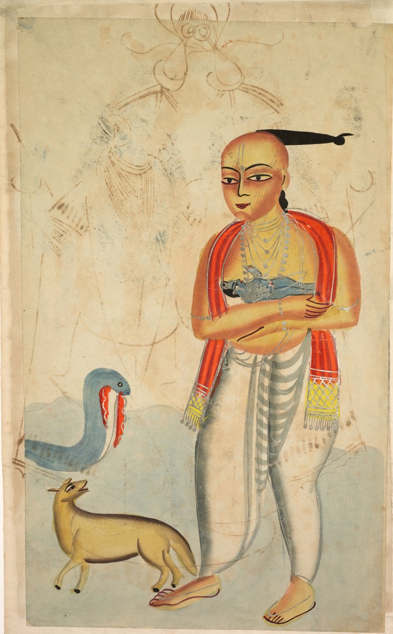 Vasudeva (Krishnas far) Flyr med Krishna möter en kobra och en schakal (verso) av Unknown artist