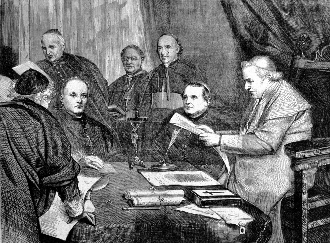 Vatikankonciliet I. Påve Pius IX omgiven av medlemmar av rådets styrelse. 1869 av Unknown artist