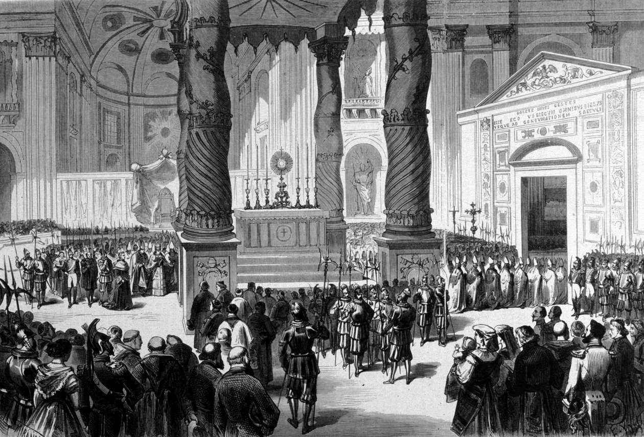 Vatikankonciliet I. Rom. Prelaterna korsar Peterskyrkan till rådets sal. 1870 av Unknown artist