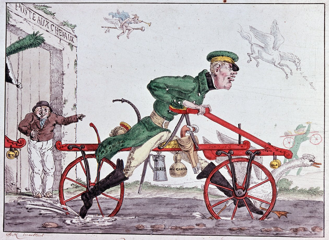 Balanscykel velocipeder - karikatyr på Baron Drais av Unknown artist