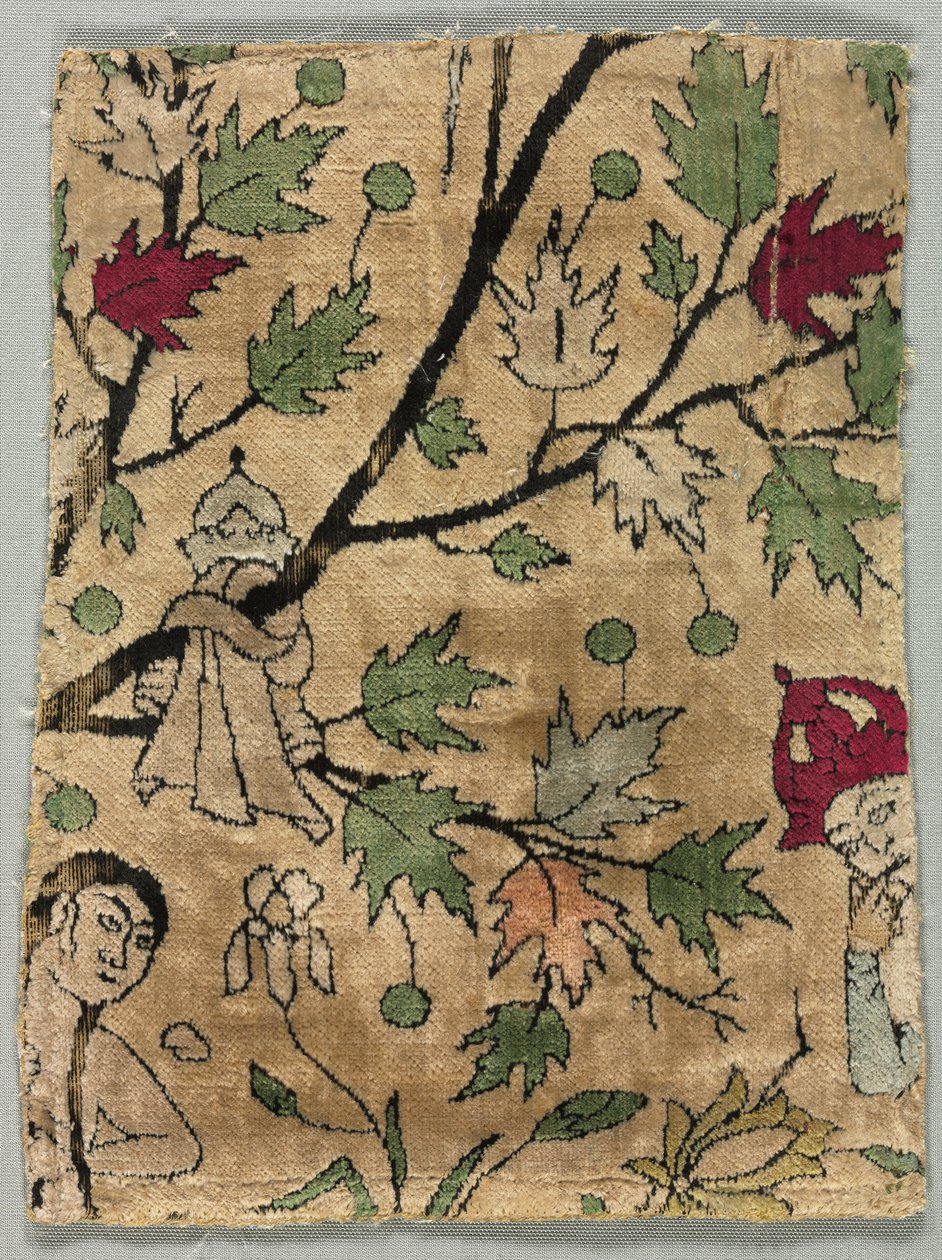 Sammetsfragment, Khusrau ser Shirin bada av Unknown artist