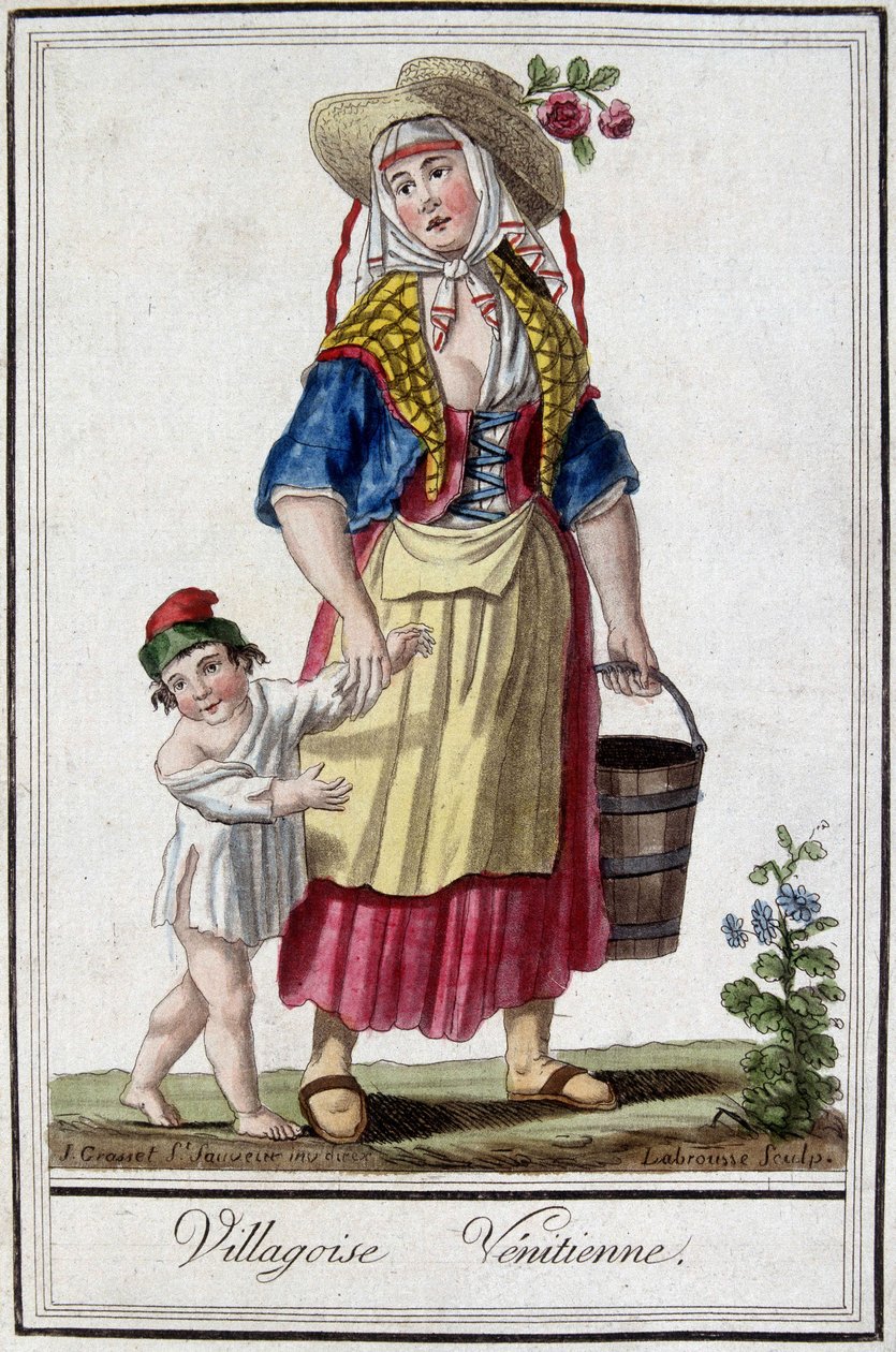Venetiansk by med sin son. 1700-talsgravyr. av Unknown artist