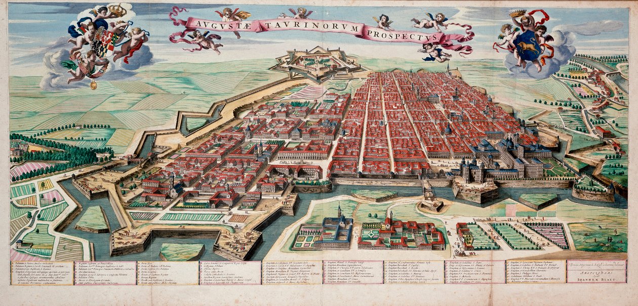 Visa och karta över staden Turin (Torino piemonte) i 1700 Coloree-tryck. av Unknown artist