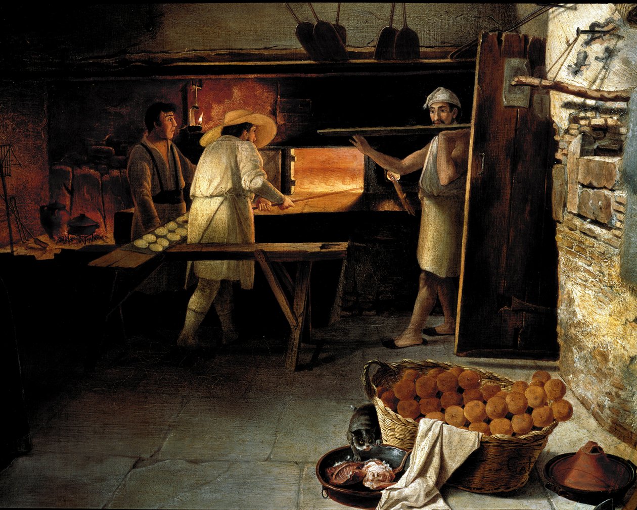 Utsikt från insidan av ett bageri Bagare bakar brödet i ugnen. Anonym målning från 1700-talet. Rom, Museo del Folklore av Unknown artist