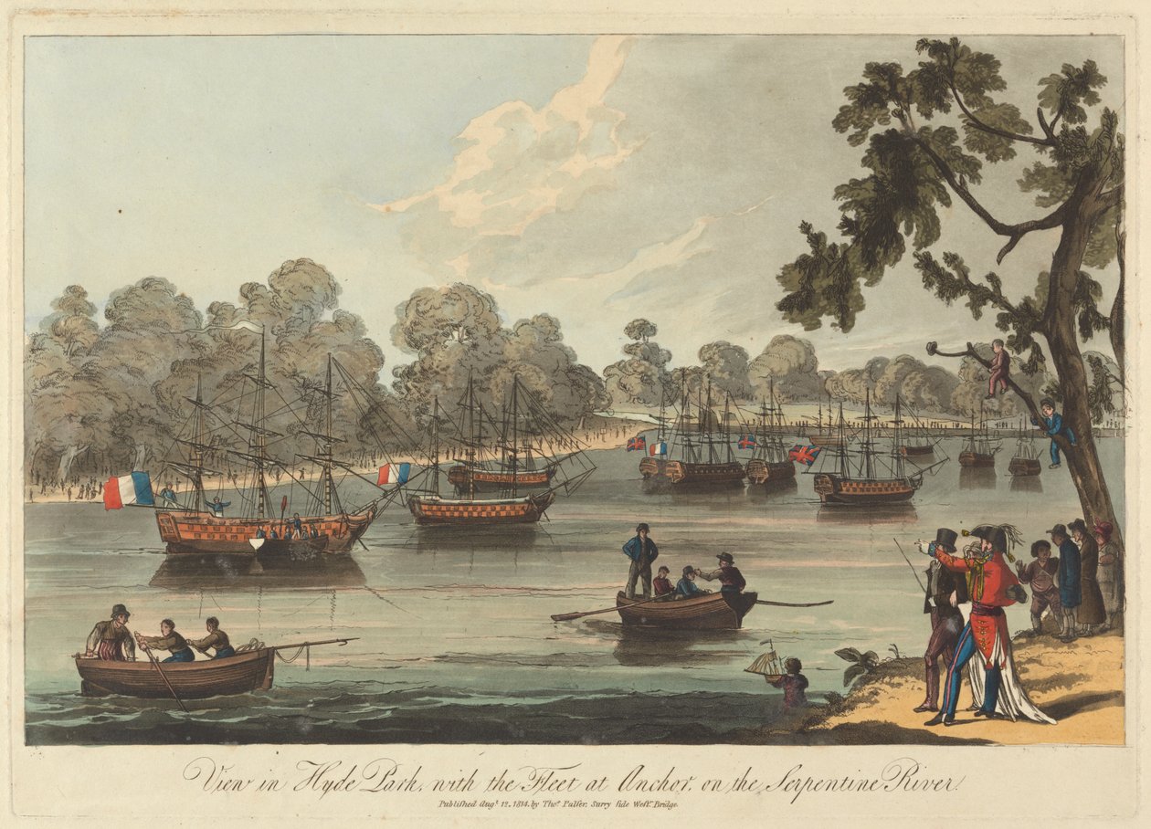 Utsikt i Hyde Park, med flottan vid Anchor på Serpentine River, 12 augusti 1814 av Unknown artist
