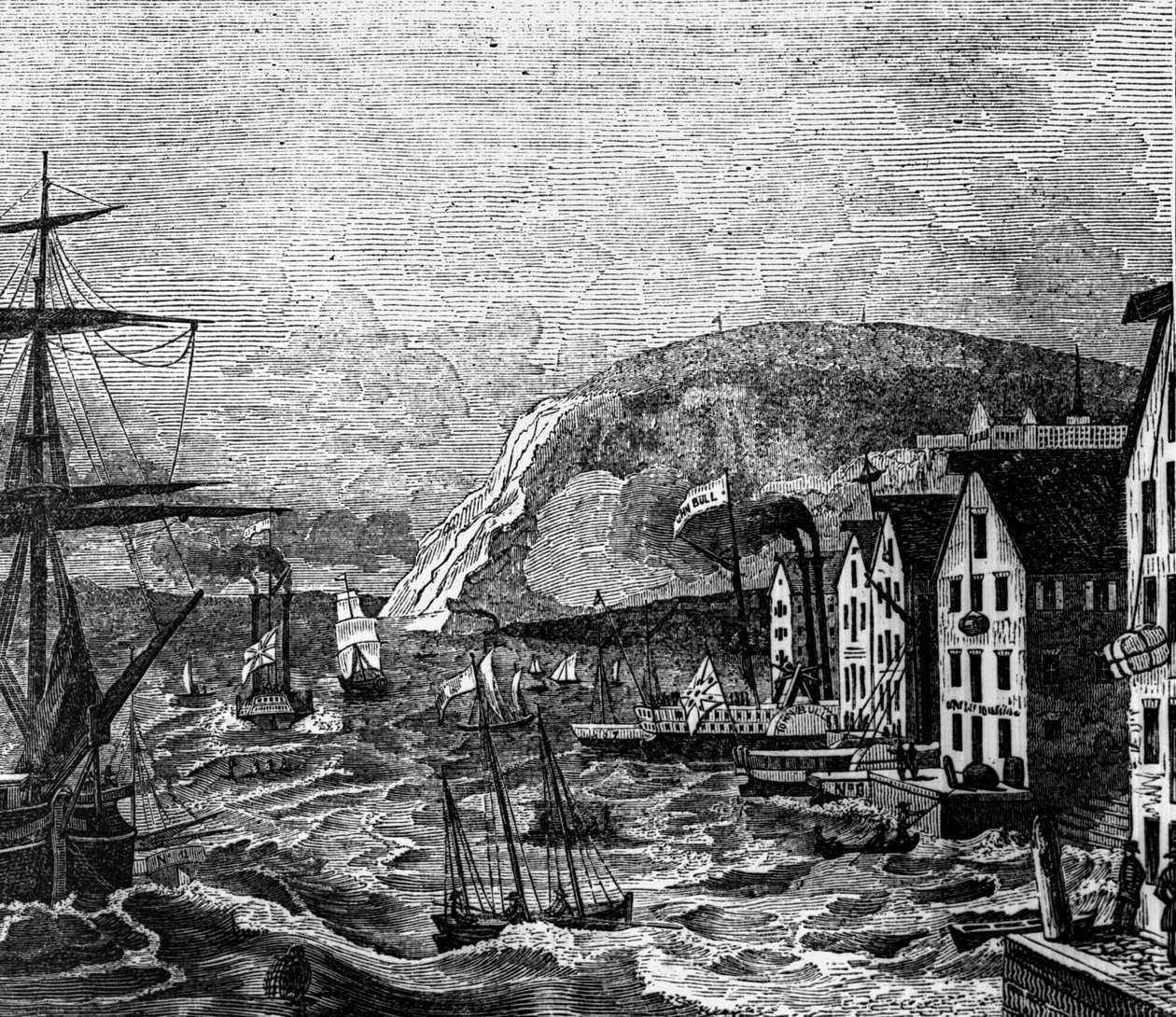 Vy över Cap Diamant där ligger en del av Quebec, Quebec. (Kanada), gravyr från 1810. av Unknown artist