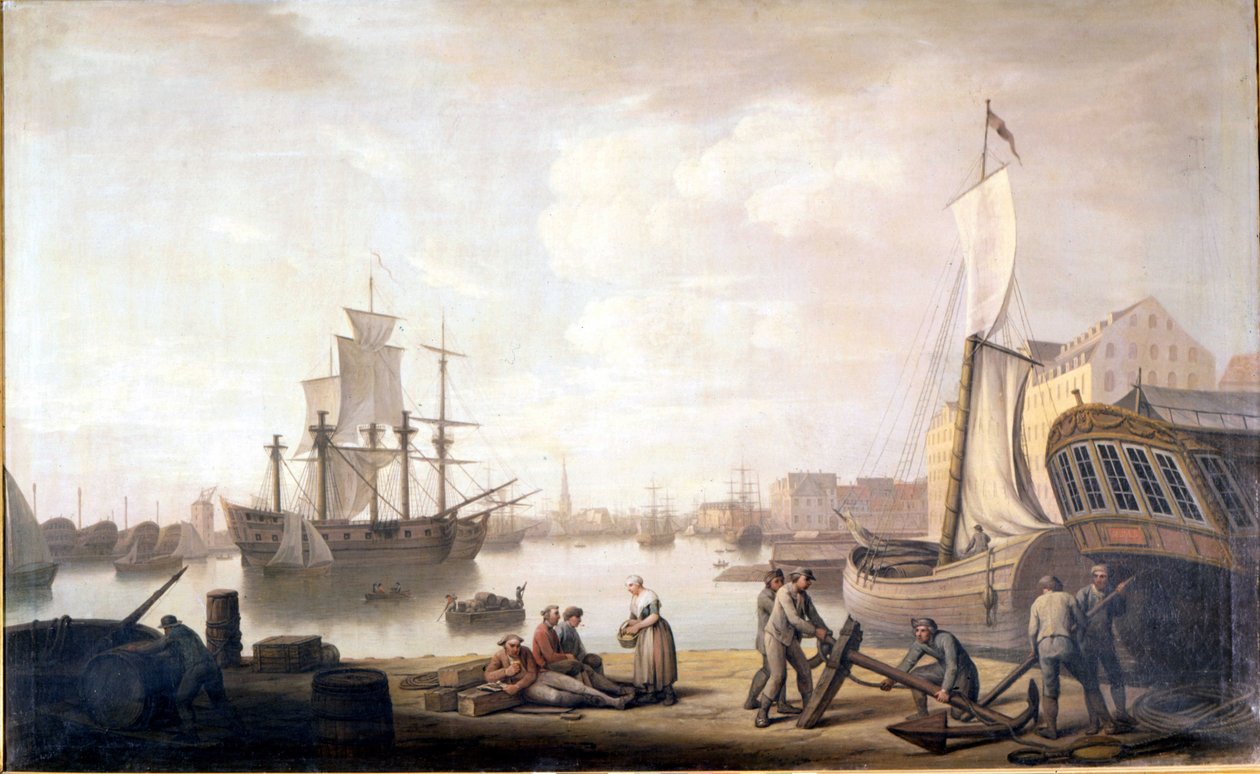 Utsikt över Köpenhamns hamn i Danmark. 1700-talsmålning av Unknown artist