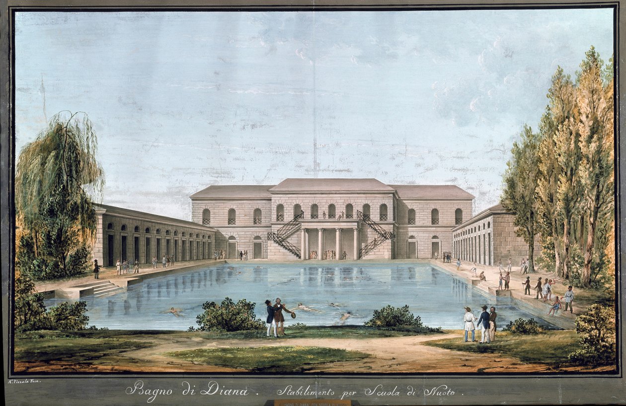 Utsikt över Diana-badet, första italienska poolen, i Milano (målning av Unknown artist