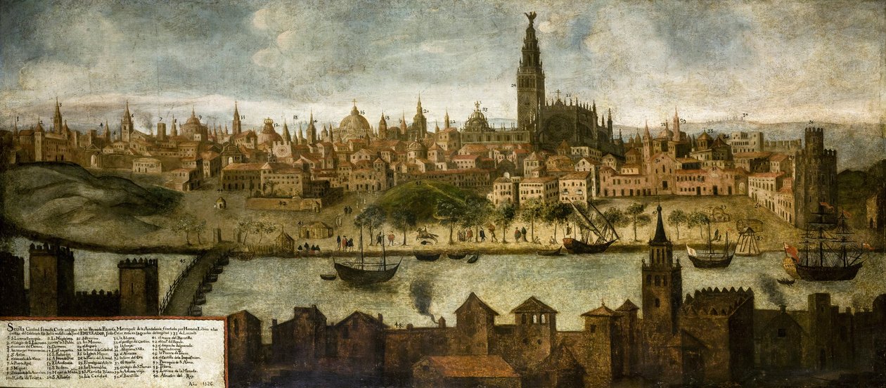 Utsikt över Hispalis (Sevilla), Anonym. Olja på duk, storlek: 108x242 av Unknown artist