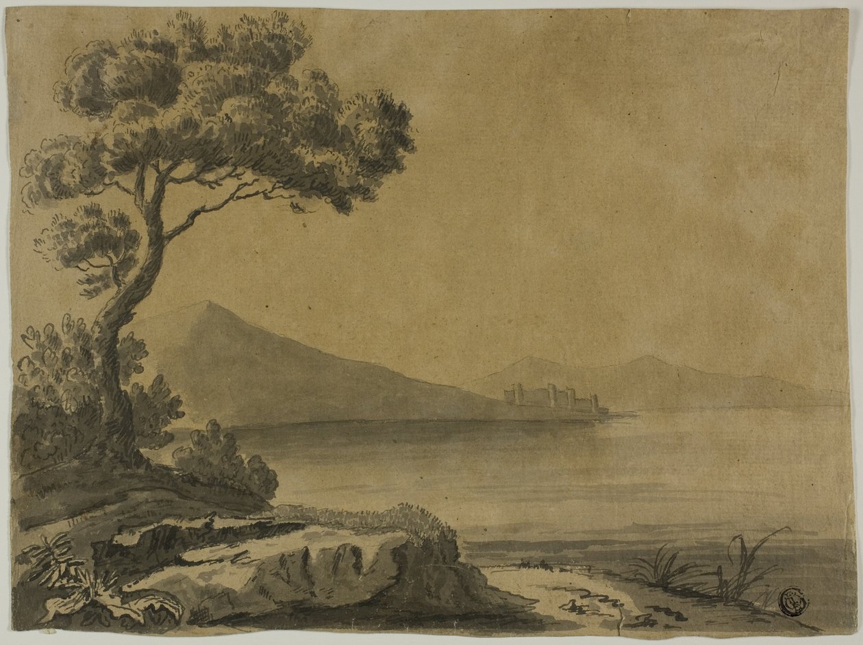 Utsikt över sjön, med stora träd i förgrunden av Unknown artist