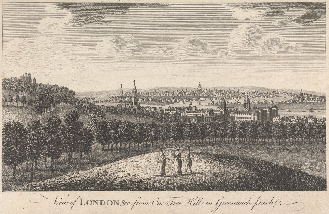 Utsikt över London och kyrkan från One Tree Hill i Greenwich Park av Unknown artist