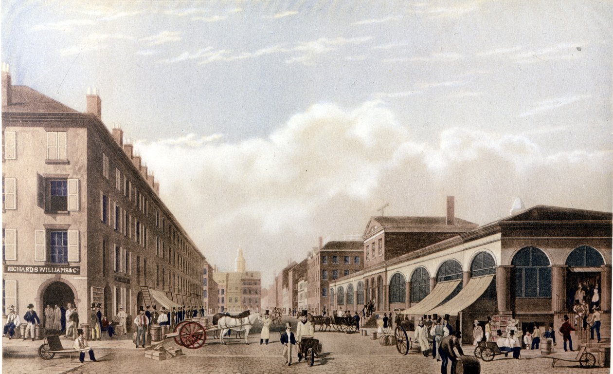 Utsikt över New York: Marknad på Fulton Street. SD litografi kring mitten av 1800-talet. av Unknown artist