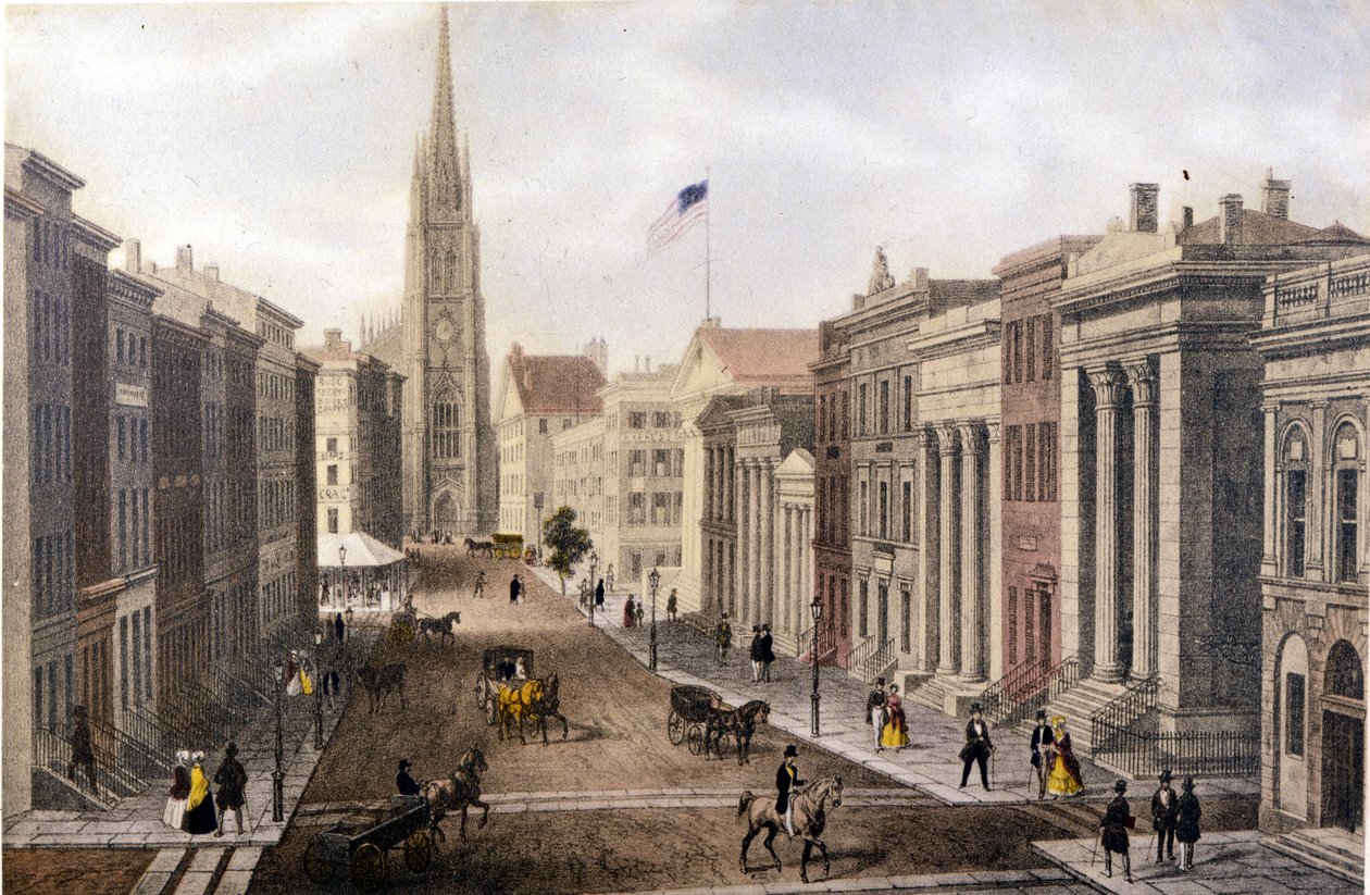 Vy över New York: Wall Street-vy över William Street. Litografi sd. kring mitten av 1800-talet. av Unknown artist