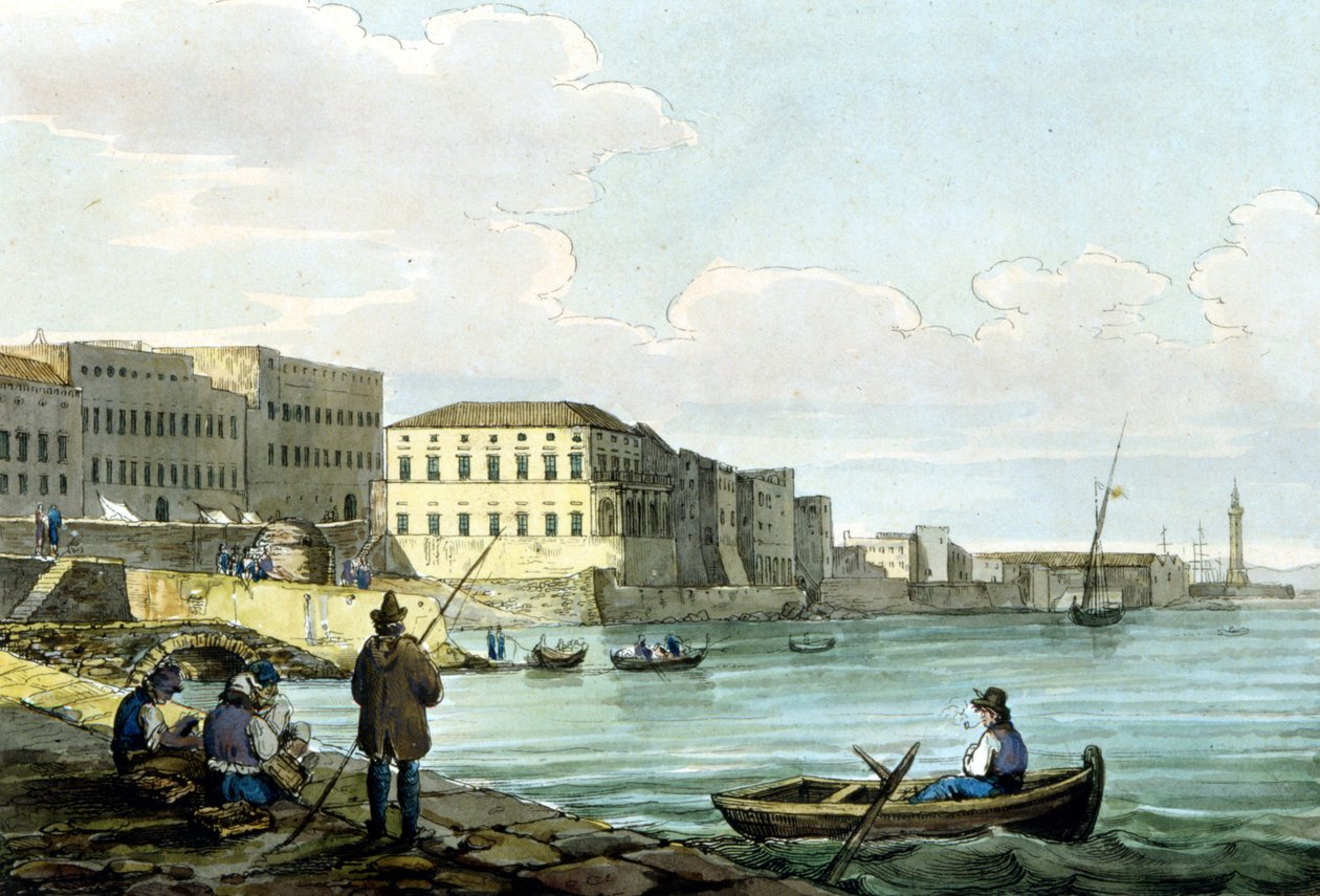 Utsikt över Santa Lucia, Neapel. Akvarell omkring 1850. av Unknown artist