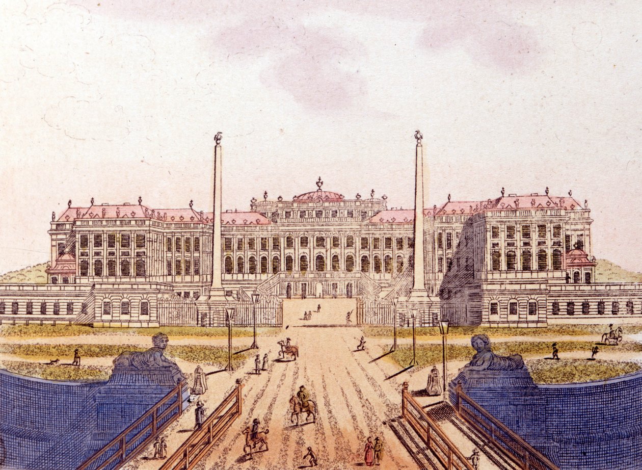 Vy över slottet Schönbrunn, tidigare residens för den österrikiska kejserliga familjen, Wien, Österrike, gravyr från 1820 av Unknown artist