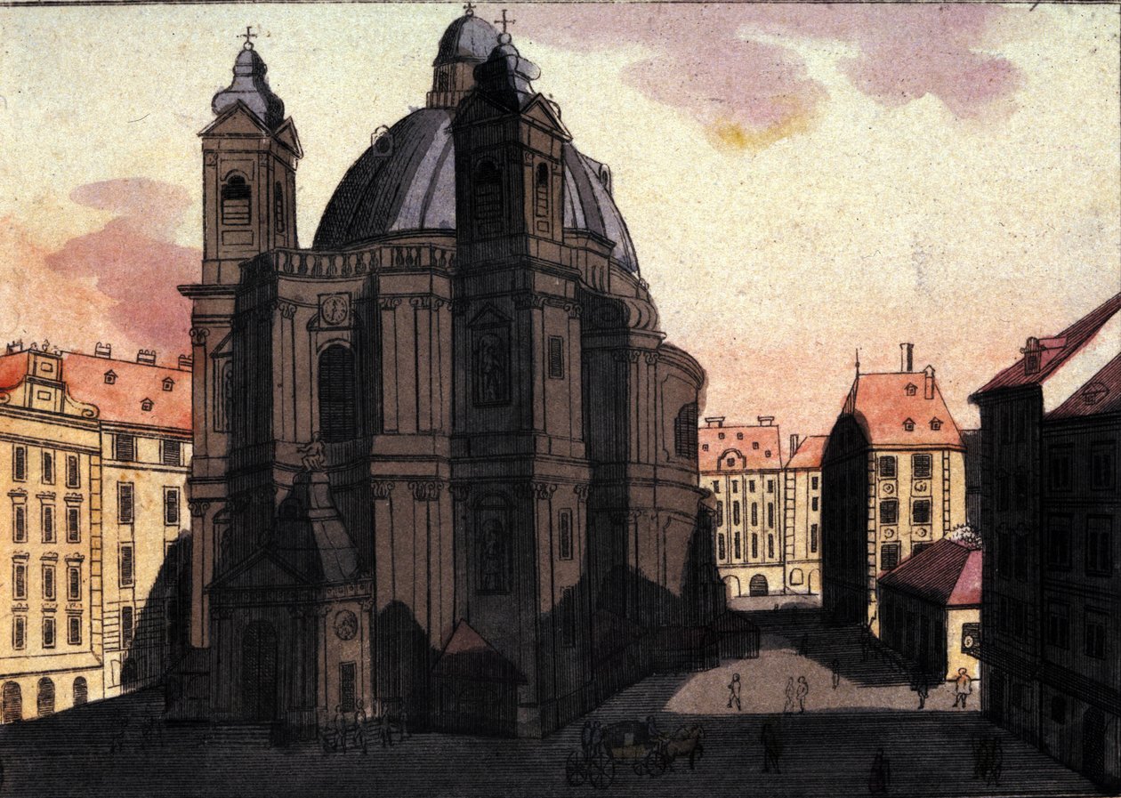 Vy över Petersplatsen och kyrkan i Wien, Österrike Gravyr från 1820 av Unknown artist