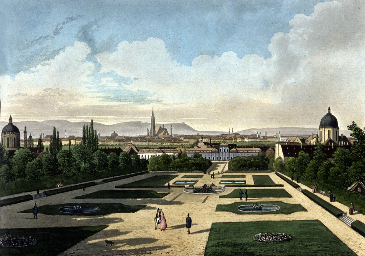 Utsikt över Wiens Belvedere, österrikiskt barockpalats byggt av Eugene de Savoye. Litografi från 1800-talet av Unknown artist