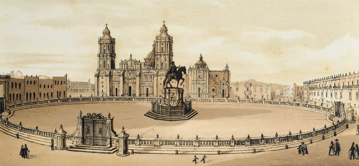 Utsikt över Zocalo-torget och katedralen i Mexico City, Mexiko Litografi från slutet av 1800-talet av Unknown artist