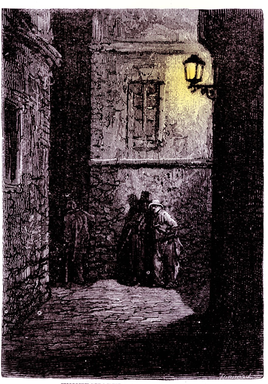 Utsikt över en mörk gränd i Whitechapel-distriktet i London. 1700-talsgravyr av Unknown artist