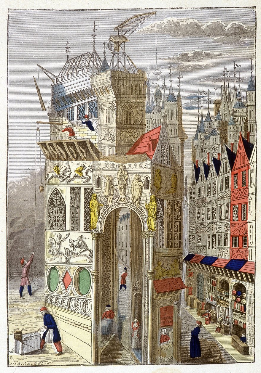 Utsikt över en rue de Paris på 1400-talet, med sina korsvirkeshus och en kyrka under uppbyggnad. av Unknown artist