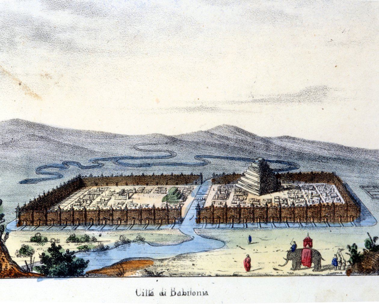 Utsikt över det antika Babylon: i mitten templet och de hängande trädgårdarna. Brinnande sd. tidigt 1800-tal. av Unknown artist