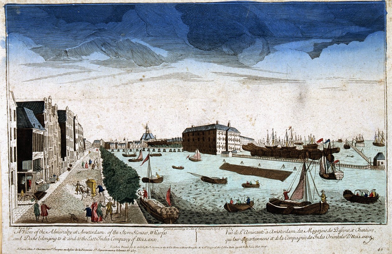 Utsikt över amiralitetet i Amsterdam över butikerna i bassängerna och byggplatser som ägs av dem och Company of the East Indies of Holland - Optisk vy av Unknown artist