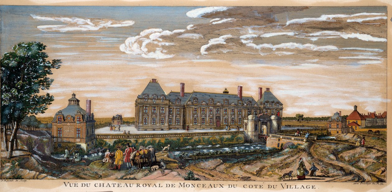 Utsikt över Chateau Royal de Monceaux. Gravyr från 1740. Privat samling. av Unknown artist