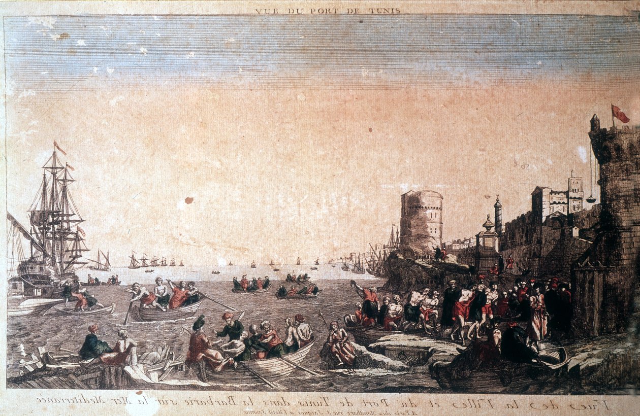 Utsikt över staden och hamnen i Tunis i barbari vid Medelhavet - Fångade pirater anländer till Port de la Goulette i Tunis. Gravyr 1700-tal. av Unknown artist