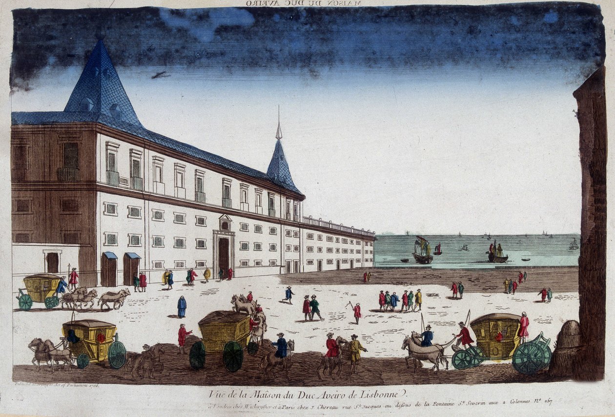 Utsikt över hertigen av Aveiros hus i Lissabon, Portugal. 1700-talsgravyr. av Unknown artist