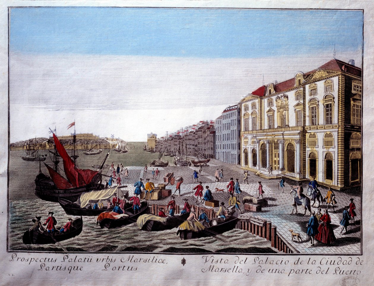 Utsikt över Hotel de Ville och en del av Marseilles hamn Scen för handel och lossning av varor på kajen. Anonym gravyr av 1700-talets Marseille, Musee de la Marine av Unknown artist
