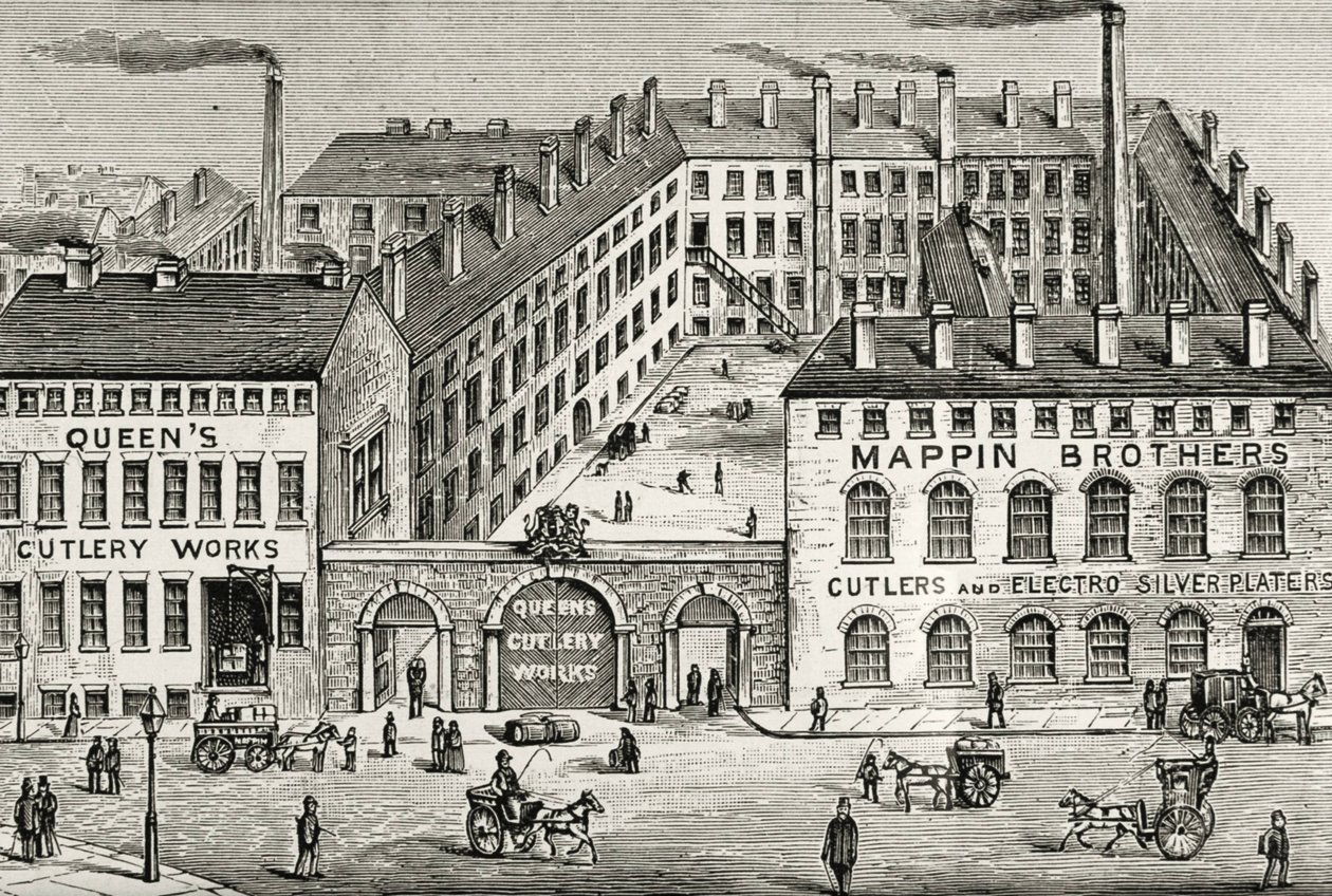 Vy över Mappin Brothers bestickfabrik i London. Detalj av annons från 1891. Gravyr. av Unknown artist