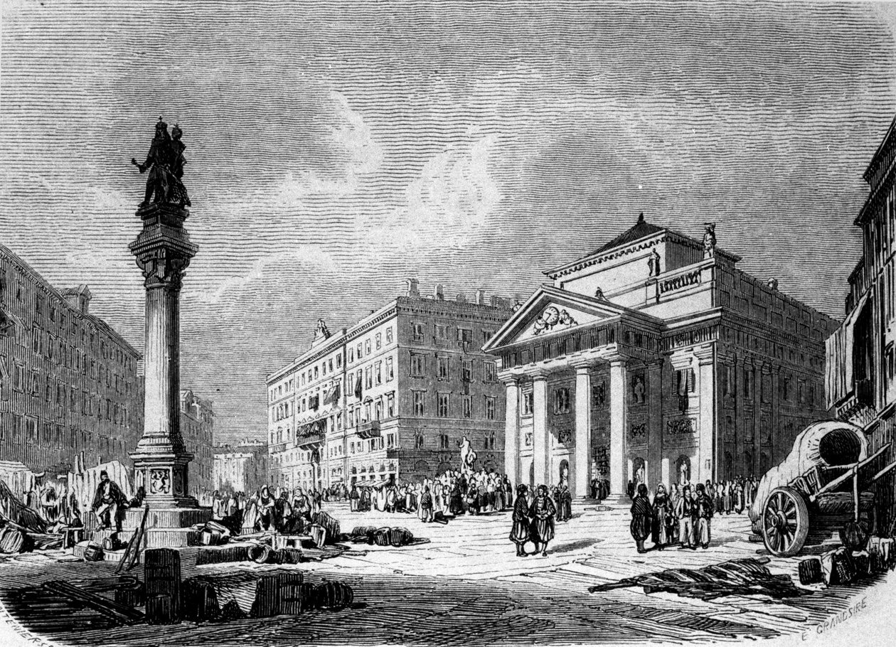 Utsikt över Place de la Bourse i Trieste (under den österrikiska perioden), gravyr från 1800-talet av Unknown artist