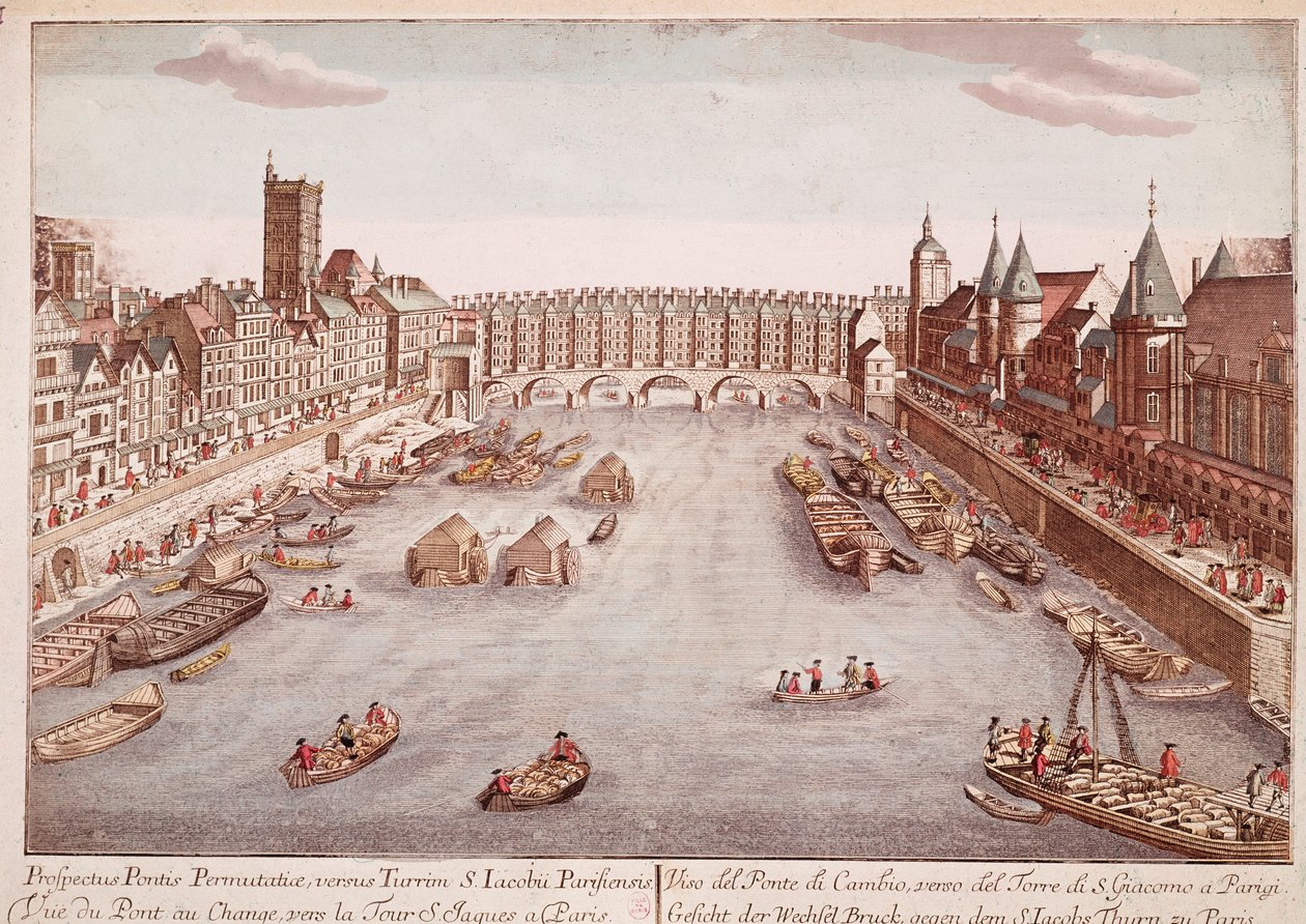 Utsikt över Pont-au-Change mot Saint-Jacques Tower, Paris (gravyr) av Unknown artist
