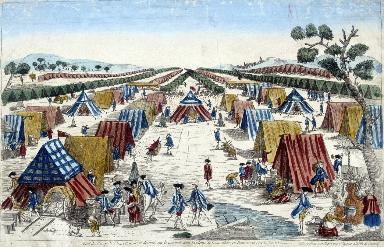 Vy över det preussiska armélägret, tecknat på naturen i Lomvenborgs slätt i Pommern. av Unknown artist