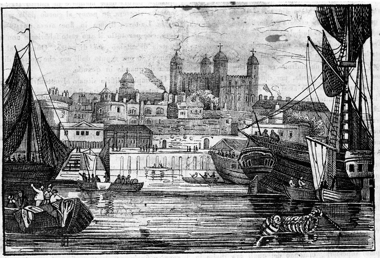 Vy över Towern i London och Themsen i slutet av 1700-talets gravyr av Unknown artist