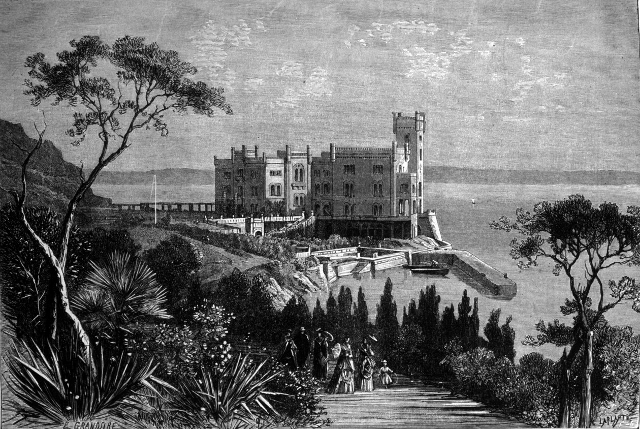 Utsikt över slottet Miramare i Trieste (under den österrikiska perioden), gravyr från 1885 av Unknown artist
