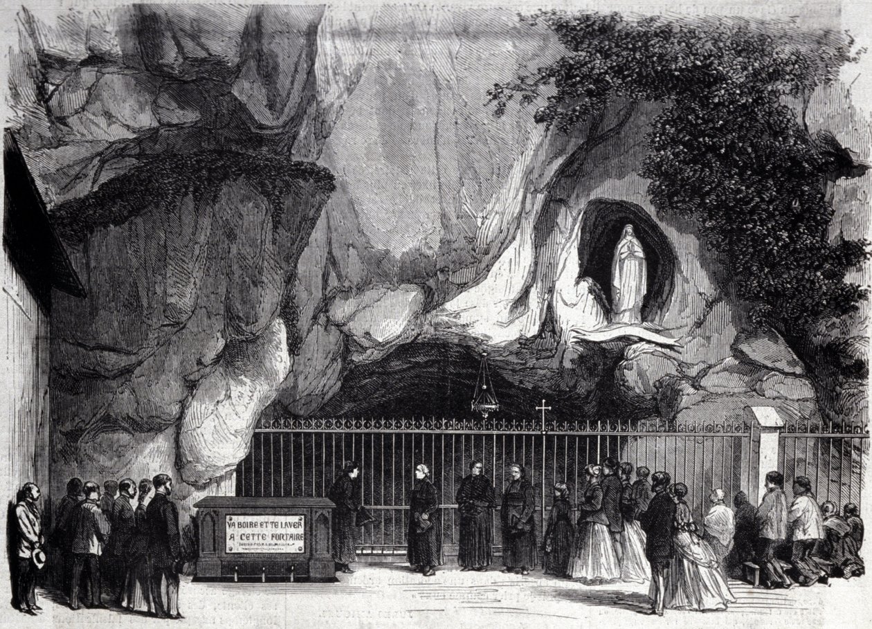 Utsikt över grottan i Lourdes i Höga Pyrenéerna där Jungfrun visade sig för Bernadette Soubirous (1844-1879) 1858, nuvarande pilgrimsfärdsort. Gravyr av 1800-talet av Unknown artist