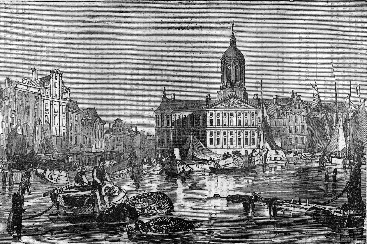 Utsikt över staden Amsterdam och det gamla rådhuset på 1800-talet. av Unknown artist