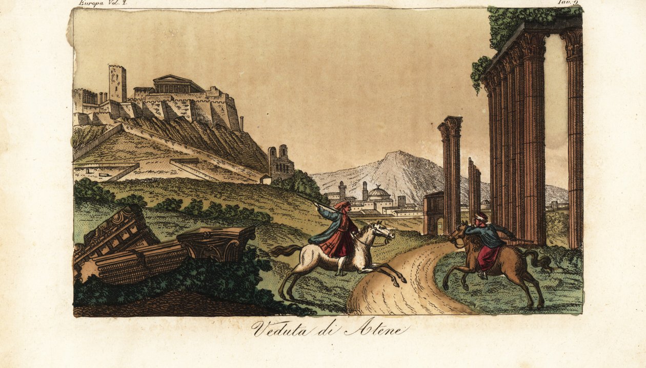 Utsikt över staden Aten, Grekland, med Akropolis och Parthenon till vänster, ruiner av kolonner, monument och Propylaea framför av Unknown artist