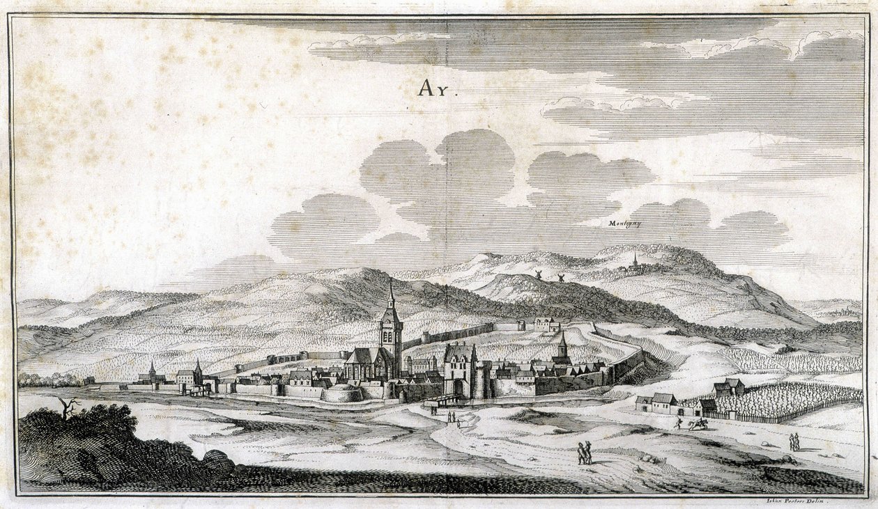 Utsikt över staden Ay. Gravyr från slutet av 1700-talet. av Unknown artist