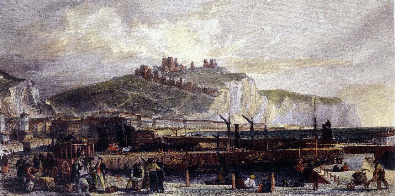 Utsikt över staden Dover och dess höga vita kritklippor i England. 1850. av Unknown artist