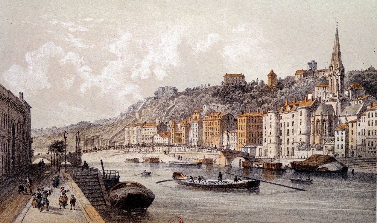 Utsikt över staden Lyon från Quai Tilsitt. Gravyr av 1800-talet. Paris, B.N. av Unknown artist