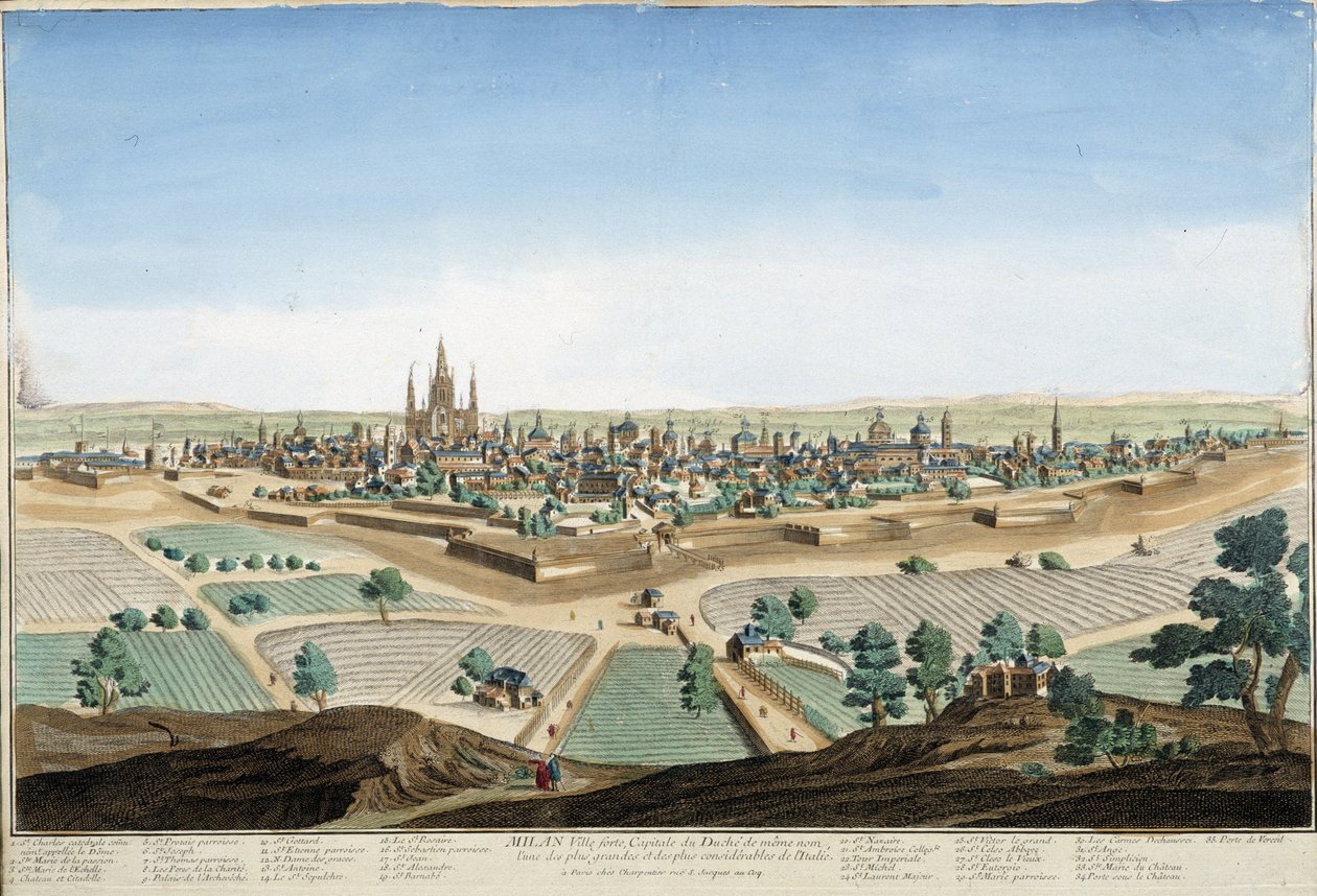 Utsikt över staden Milano, Italien med katedralen och befästningarna. Gravyr av 1700-talet. av Unknown artist