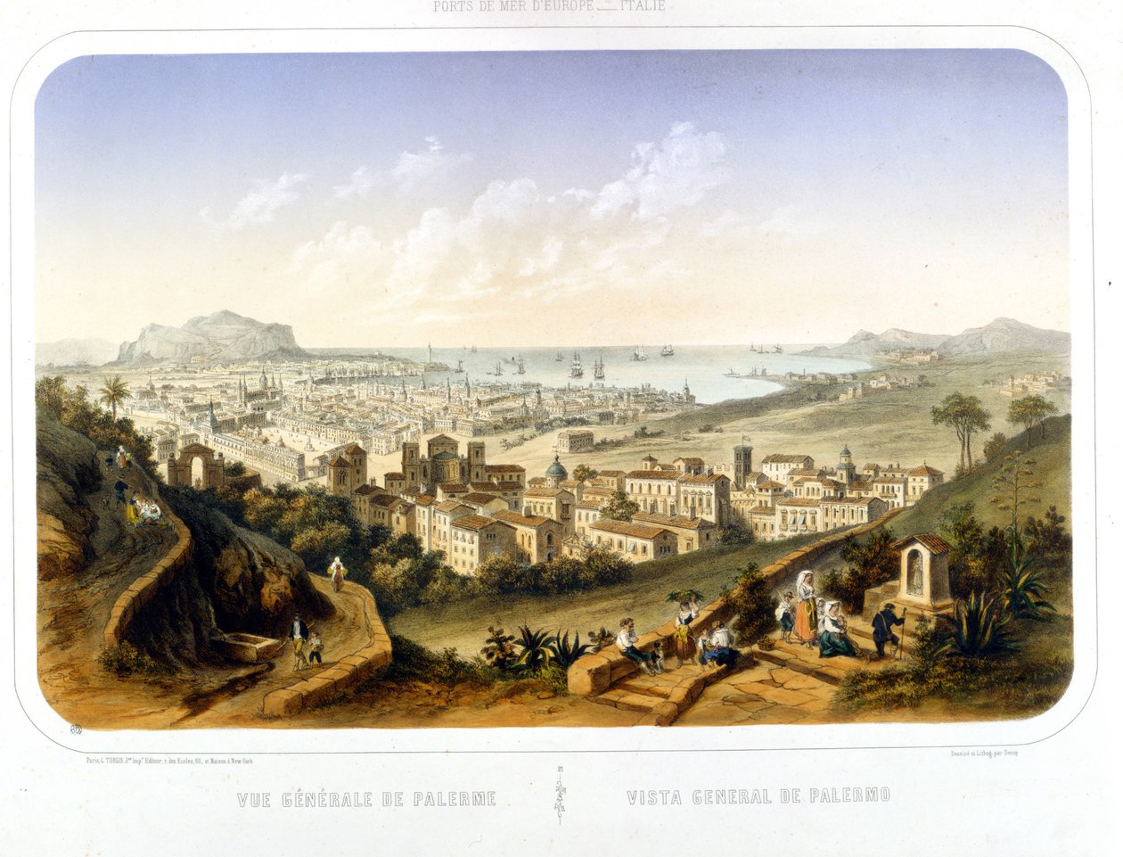 Utsikt över staden Palermo (Palermo). 1850. Gravyr från 1860 av Unknown artist