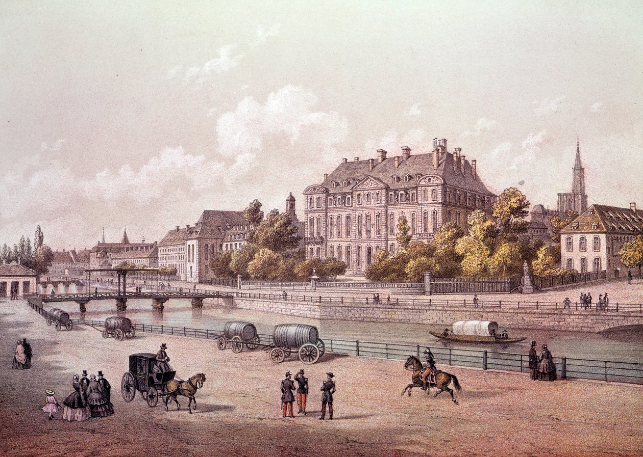 Utsikt över staden Strasbourg vid Rhen. 1800-talsgravyr Paris, B.N. av Unknown artist