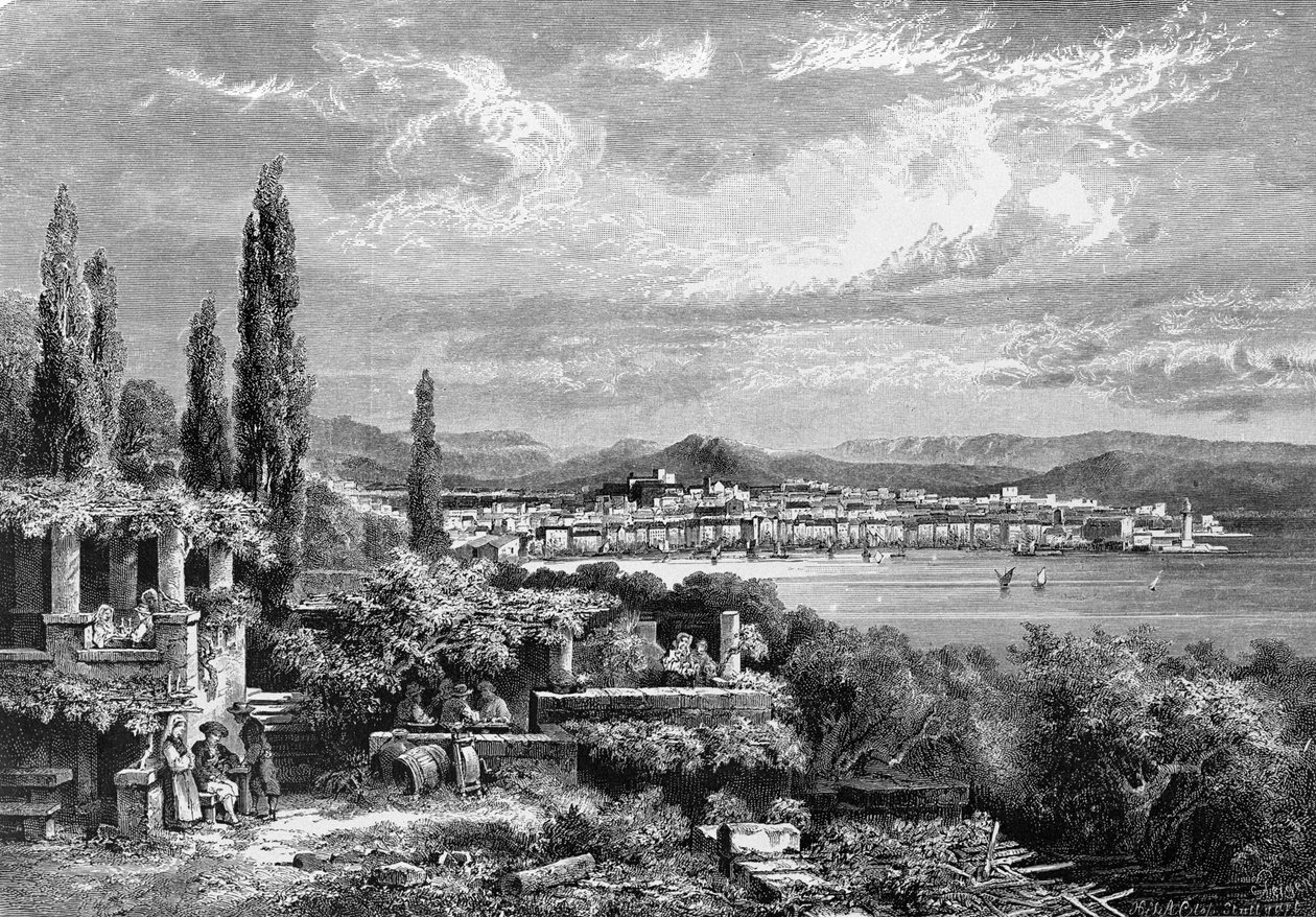 Vy över staden Trieste (under den österrikiska perioden), gravyr från 1885 av Unknown artist